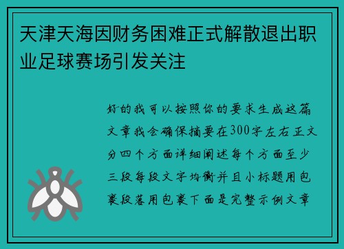 天津天海因财务困难正式解散退出职业足球赛场引发关注