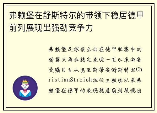 弗赖堡在舒斯特尔的带领下稳居德甲前列展现出强劲竞争力 弗赖堡在舒斯特尔的带领下稳居德甲前列展现出强劲竞争力